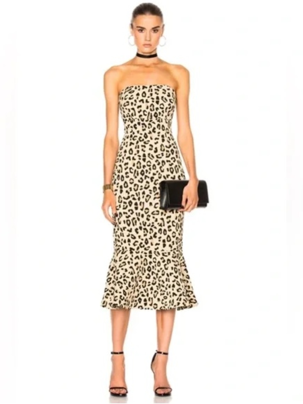 cinq a sept Strapless Leopard-Print Midi Dress in Cream and Black